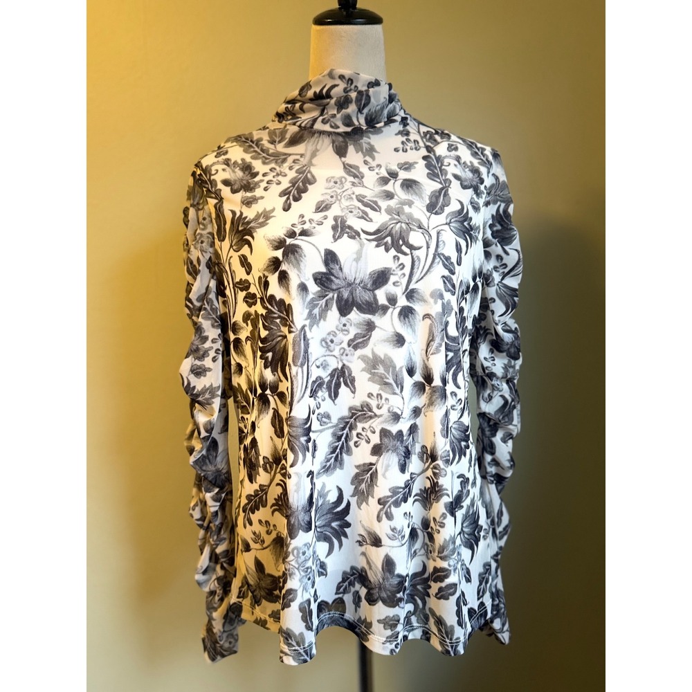 Susan Graver Floral Print Mock Ruched Sleeve Top m black boho whimsi Victorian
